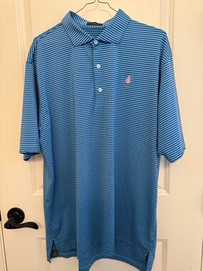 Men's Blue Striped Polo with Pink Accent Logo